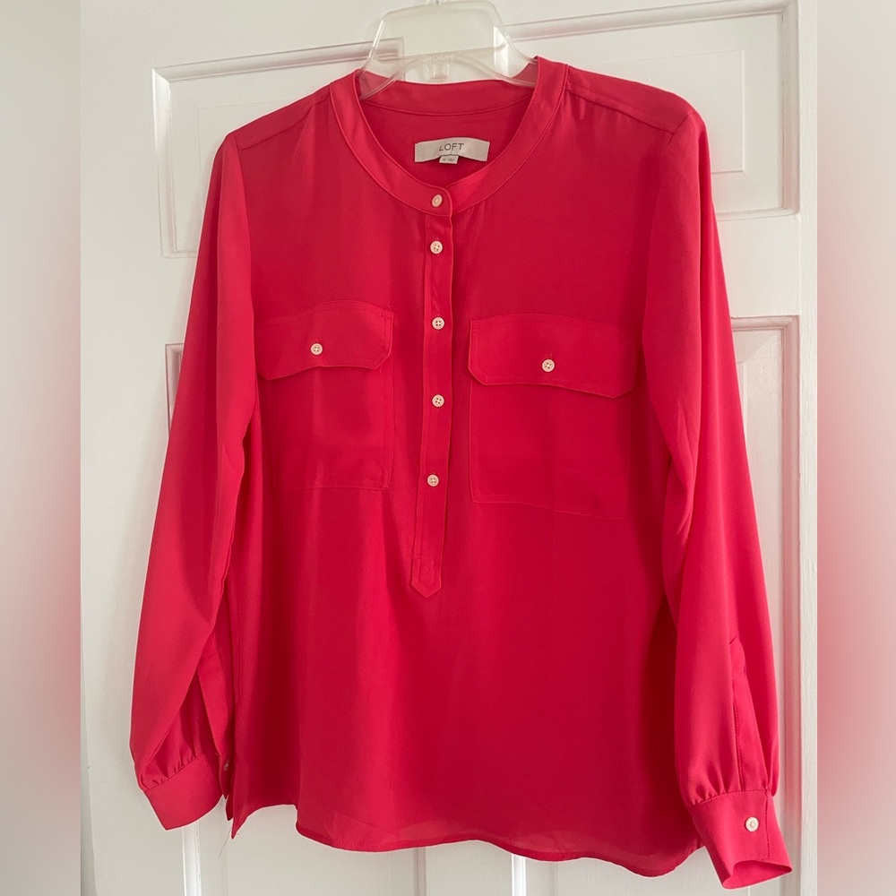LOFT Vibrant Coral Silky Long Sleeve Blouse with Button Detail Size M. NWOT.